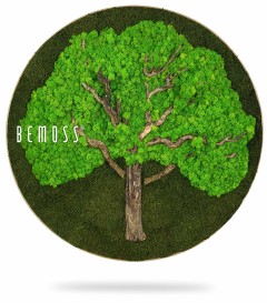 a tree with the words bemos on it in a circle shape with grass and leaves around it, environmental art, moss wall, moss wall decor, moss wall art, moss art, moss decor