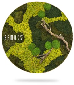 a picture of a moss covered tree with the words be moss on it in a circle shape with a tree branch and two green leaves, environmental art, moss wall, moss wall decor, moss wall art, moss art, moss decor