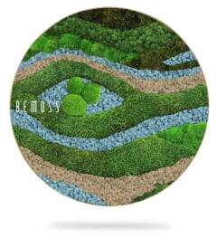 a round picture with a river and grass in it that says memory on it and a green field with a river running through it, environmental art, moss wall, moss wall decor, moss wall art, moss art, moss decor