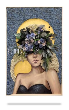 A mixed-media art piece depicts a woman with a floral headdress, featuring a variety of flowers and greenery. The woman's face is partially obscured by the headdress. The background consists of a blue textured surface with two golden circular shapes. The word “Femme MARINE” appears on the left side.