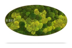 An oval-shaped artwork features a lush, textured mosaic of various green mosses in overlapping circular patterns. The word "BEMOSS" is displayed in white text on the left side. The piece appears vibrant and three-dimensional, creating a natural, earthy aesthetic.