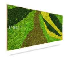 A rectangular, framed wall art piece featuring a vivid, abstract design made of preserved green, yellow, and brown moss. The word "Moss Art BEMOSS® ORTHO SPRING (Copy)" is displayed on the left side of the art. The mosses form a dynamic, organic pattern, adding a touch of nature to the decor.