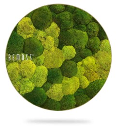 A circular art piece featuring an arrangement of vibrant green moss patches in various shades and textures. The word "BEMOSS" is displayed on the left side of the circle. The artwork is set against a white background with a slight shadow below it.